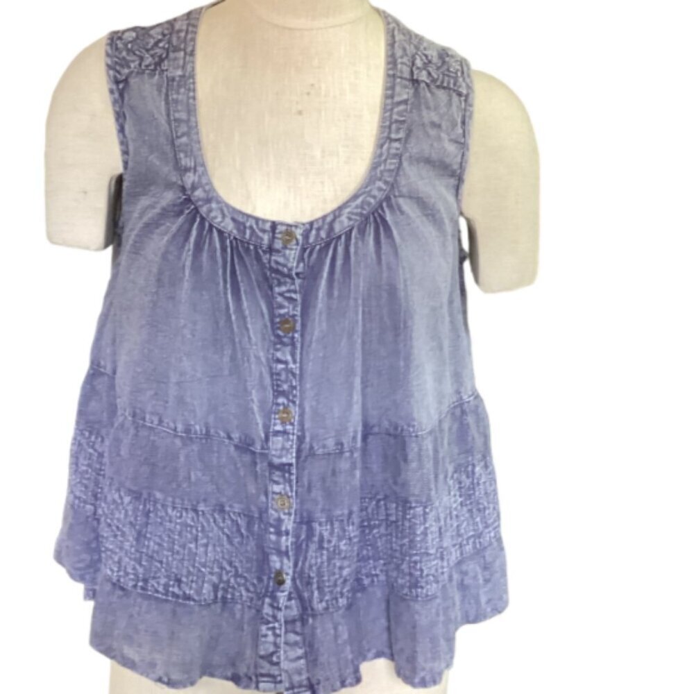 Rachel Zoe Chambray Sleeveless Embroidered Button Front Blouse S Blue 61T